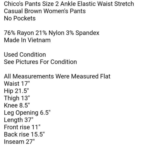 Chico's Pants Size 2 Ankle Elastic Waist Stretch Casual Brown Women's Pants - Picture 6 of 6